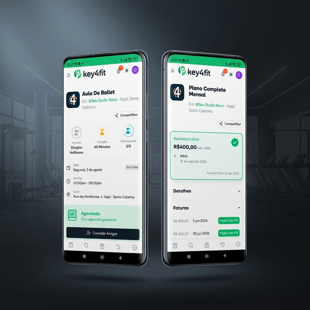 Aplicativo do aluno Key4fit com reserva de aulas, check-in e pagamentos