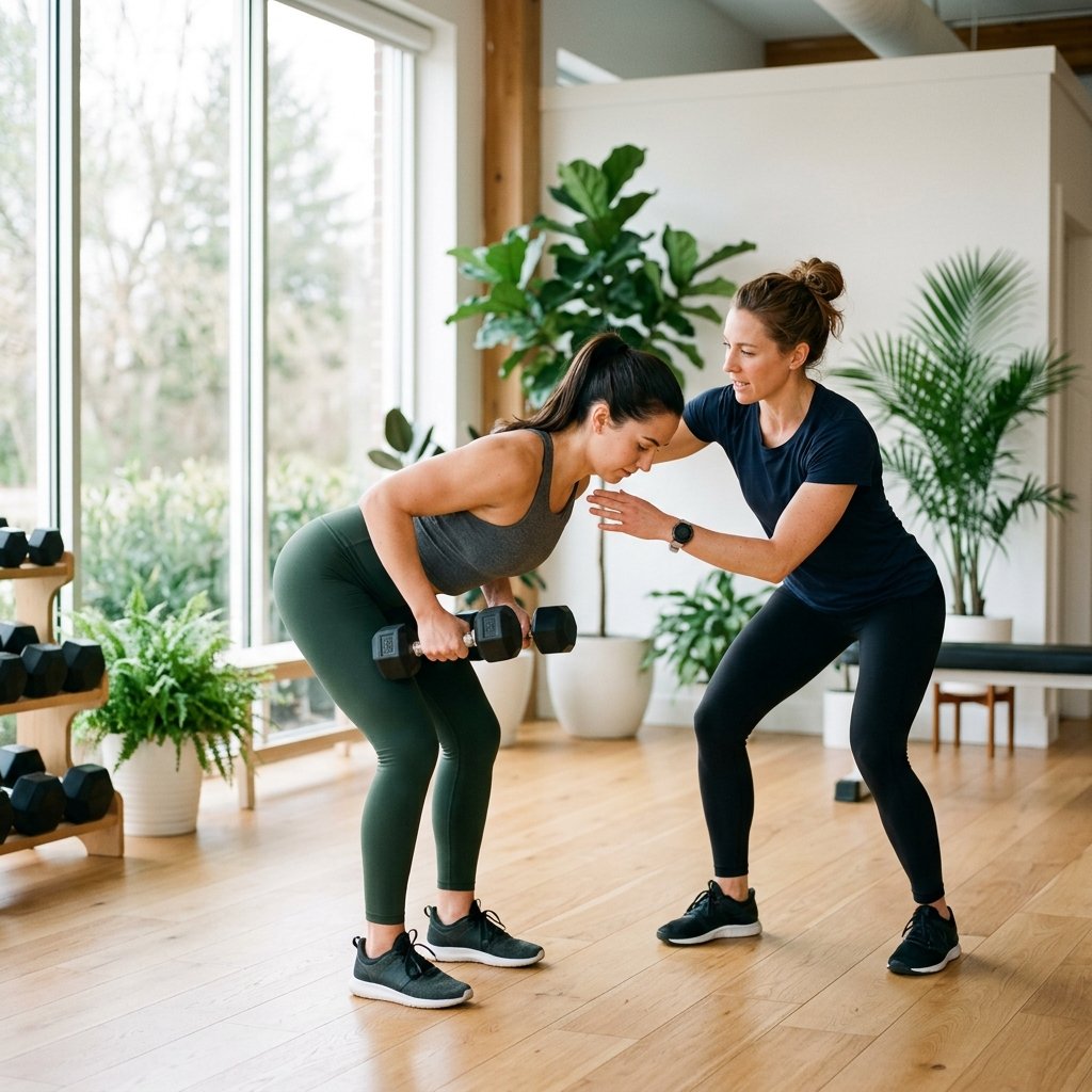 Personal trainer orientando aluna em studio de treinamento funcional — Key4fit