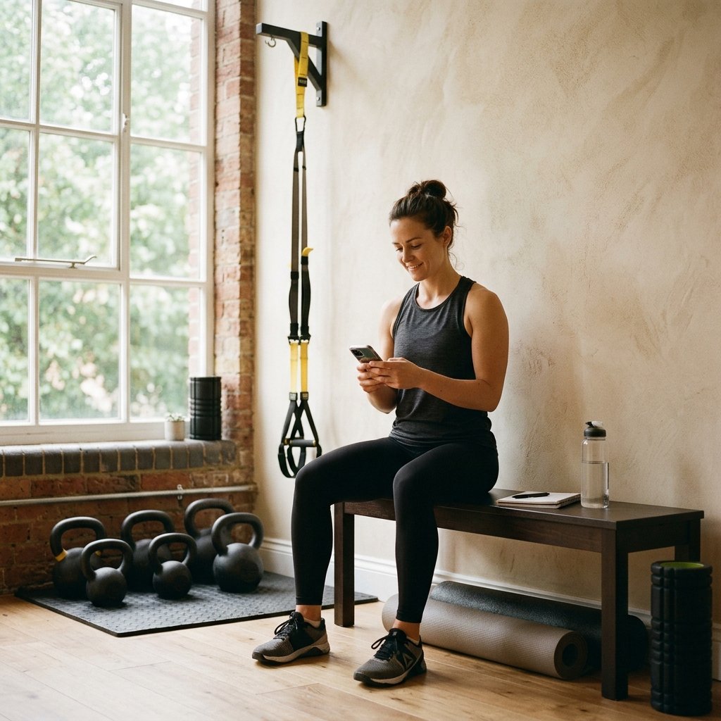 Personal trainer autônomo checando o celular entre sessões em seu studio privado