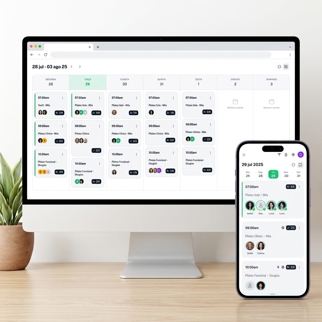 Agenda Key4fit com cards de aula, lista de espera e reposições